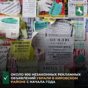 По сообщению администрации Кировского района, с начала 2026 года специалисты администрации демонтировали порядка 900 экземпляров незаконной печатной рекламной продукции
