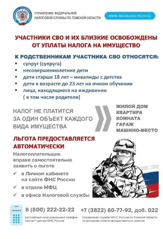 Участники СВО и их семьи освобождены от налога на имущество